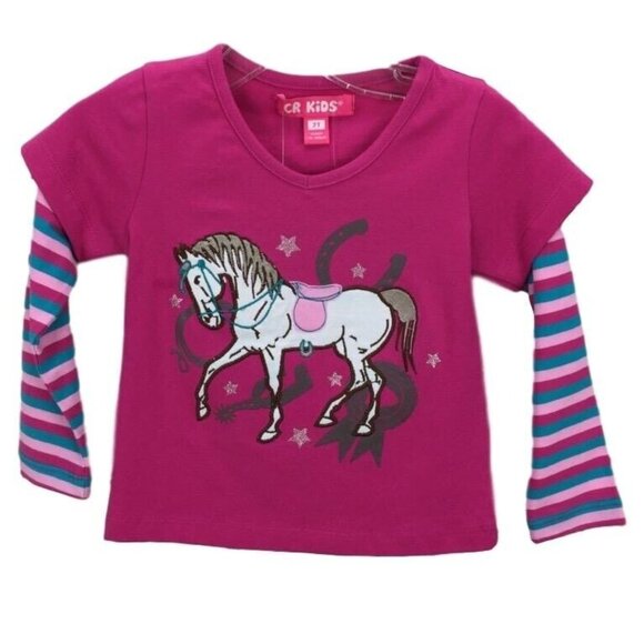 CR Kids 2T Pink Horse Graphic Tee With Striped Long Sleeves - Picture 1 of 4